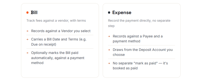 Comparison of Bill and Expense options for posting Walmart fees, including vendor, payee, payment, and account differences.