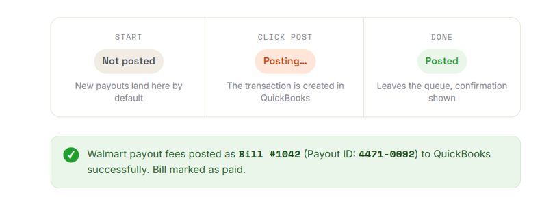 Three-step Walmart payout workflow moving from Not Posted to Posting to Posted, followed by a successful QuickBooks confirmation.