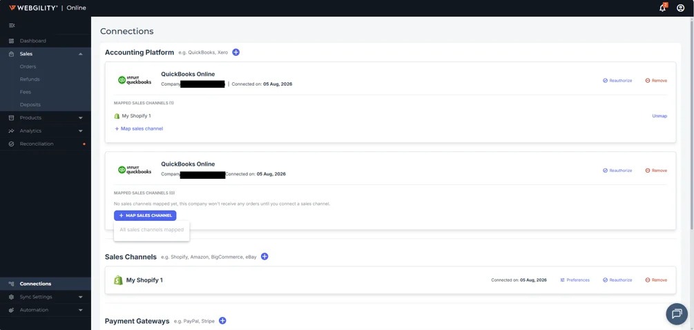 Webgility Connections page showing a Shopify channel mapped to a QuickBooks Online company and the sales channel mapping status.