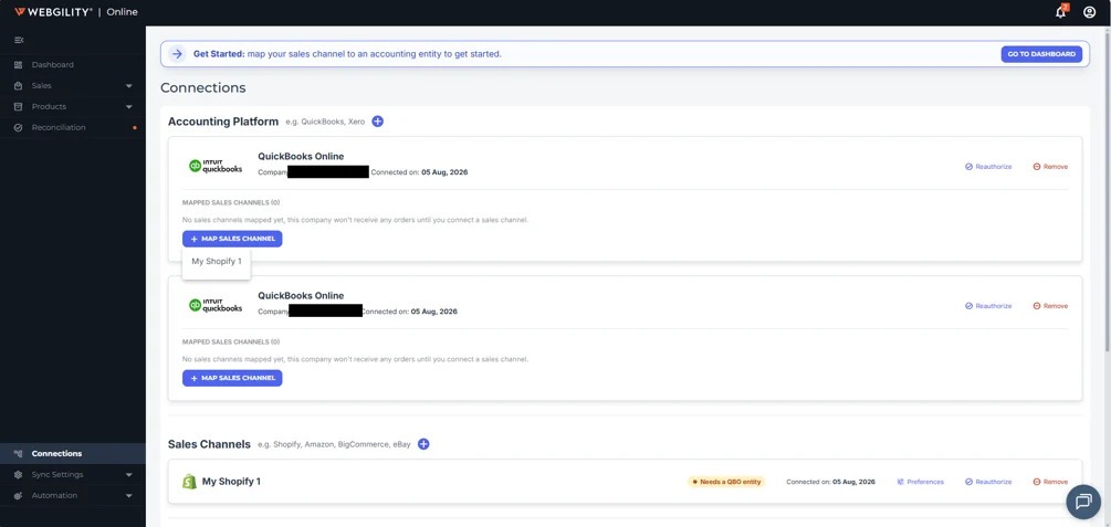 Webgility Connections page showing multiple QuickBooks Online company cards with separate mapped sales channel sections.