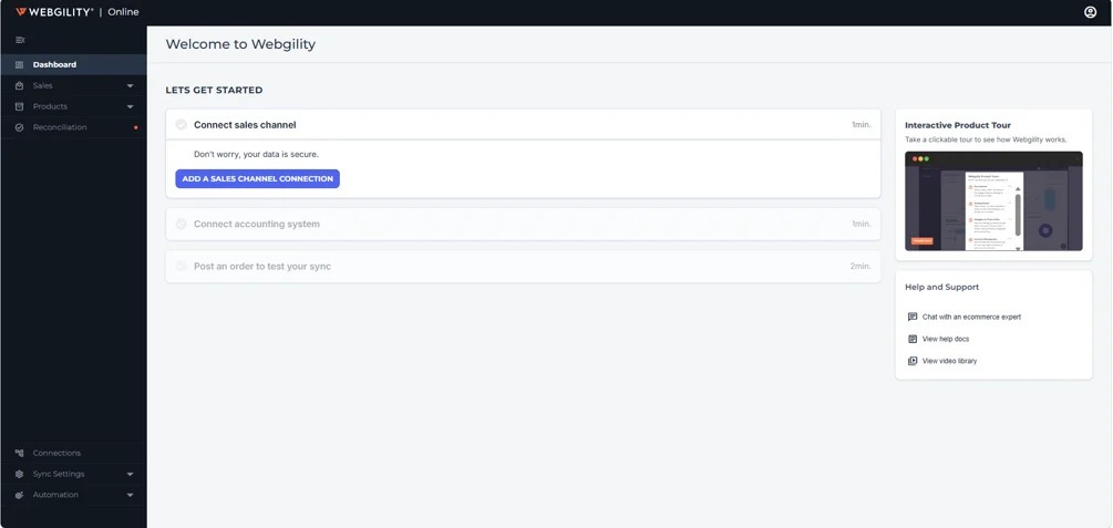Webgility Online Quick-start screen prompting the user to add a sales channel connection.