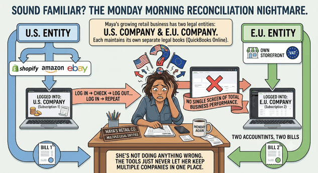 Illustration of U.S. and EU ecommerce entities managed through separate accounting workflows.