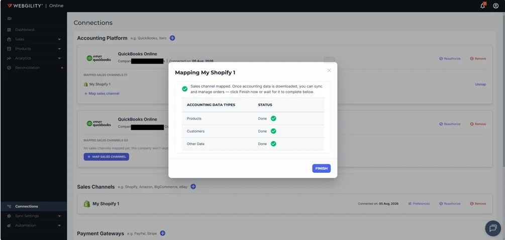 Webgility Mapping dialog showing Products, Customers, and Other Data marked Done for a Shopify channel.