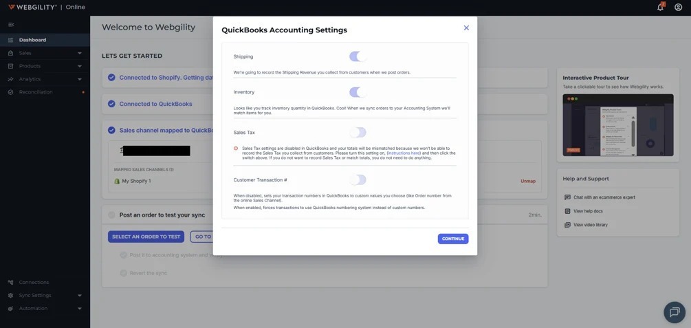 QuickBooks Accounting Settings popup in Webgility showing Shipping, Inventory, Sales Tax, and Customer Transaction settings.