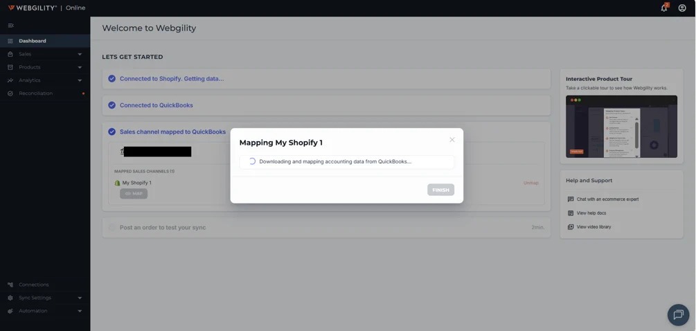Webgility mapping dialog downloading and mapping data for a Shopify sales channel from QuickBooks Online.