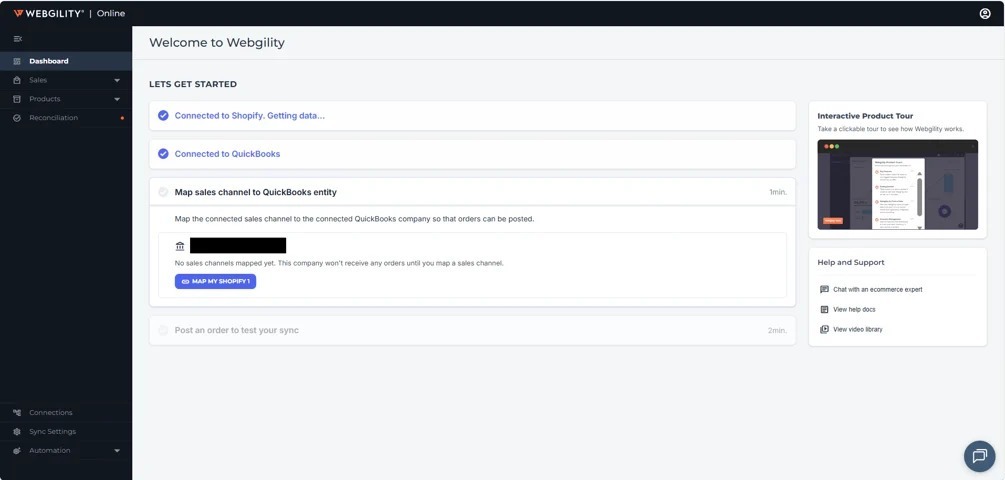Webgility Quick-start showing the Map sales channel to QuickBooks entity step with a Map My Shopify button.