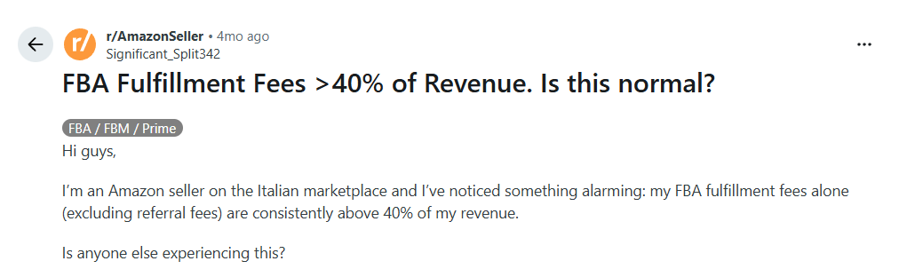 Screenshot of an Amazon seller sharing their thoughts on fees