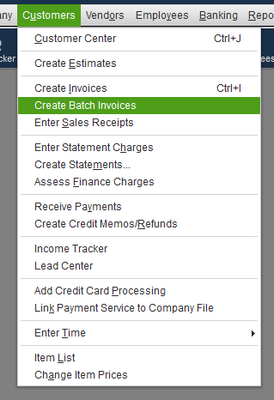 QuickBooks Online batch invoice entry screen showing multiple customer rows and item fields