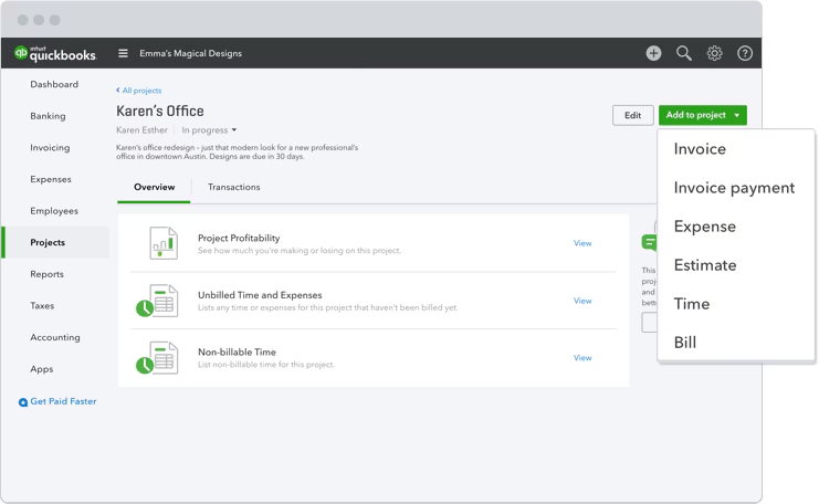 QuickBooks Online Projects interface showing overview and transactions
