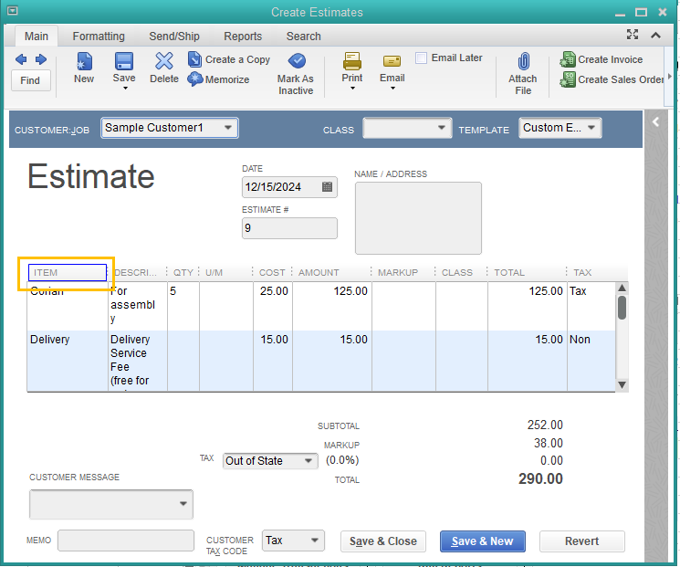 Image showing the QuickBooks interface with Estimates