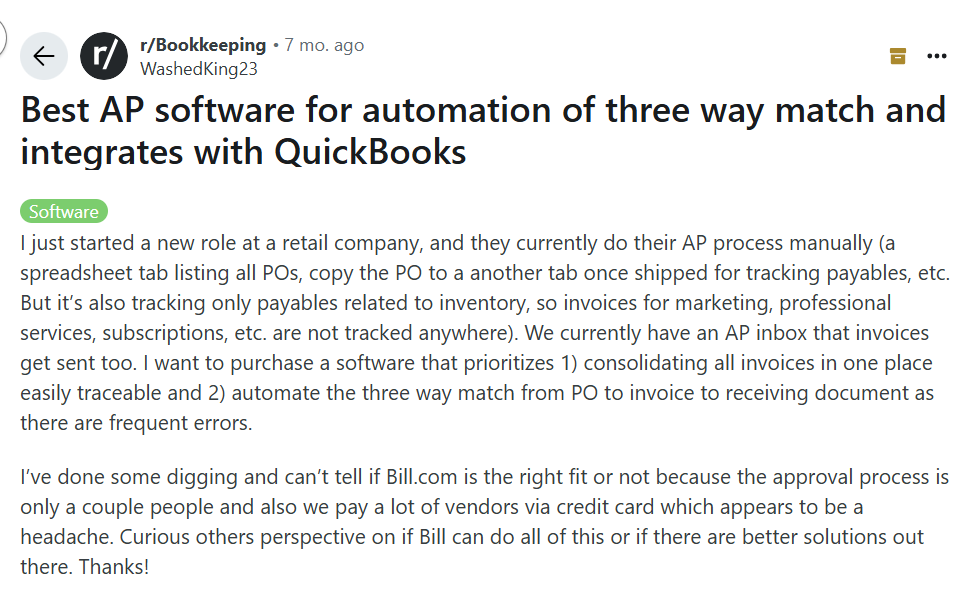Reddit user describing manual AP process with spreadsheets and invoice emails, asking about automation and QuickBooks integration.