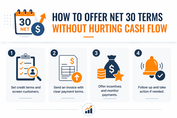 Infographic showing four steps for managing Net-30 payment terms and cash flow