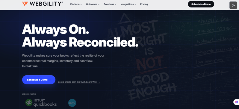Webgility homepage banner showing automated reconciliation for ecommerce accounting and cash flow management