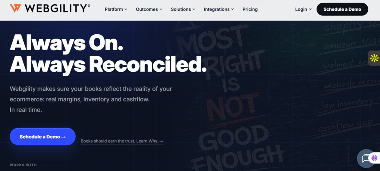 Webgility homepage with “Always On. Always Reconciled.” headline and demo CTA
