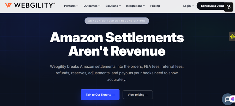 Webgility Amazon settlement reconciliation showing fees, reserves, refunds, and payouts separated for accurate profitability.