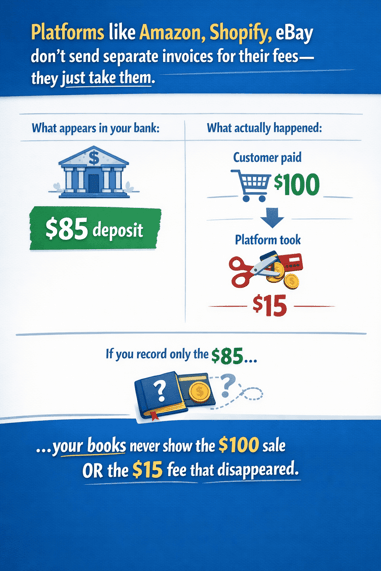  Infographic showing $100 customer payment, $15 platform fee deducted, and $85 bank deposit.