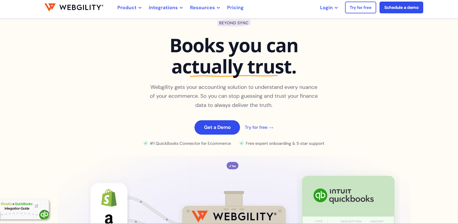 Webgility homepage headline “Books you can actually trust” and QuickBooks integration messaging