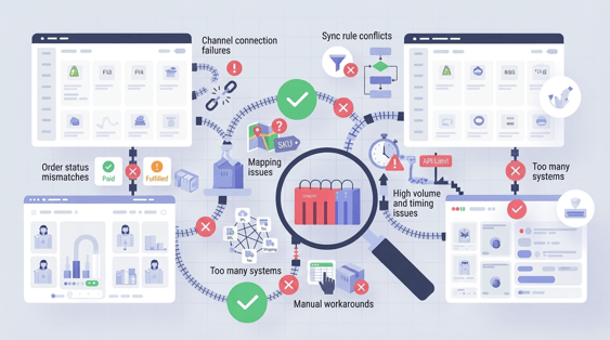 Illustration of hidden sync issues across Shopify, Amazon, eBay, and WooCommerce systems.