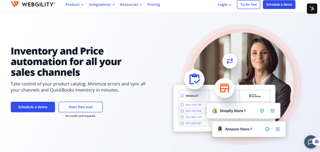 Webgility dashboard showing inventory and price automation across Shopify, Amazon, and QuickBooks.