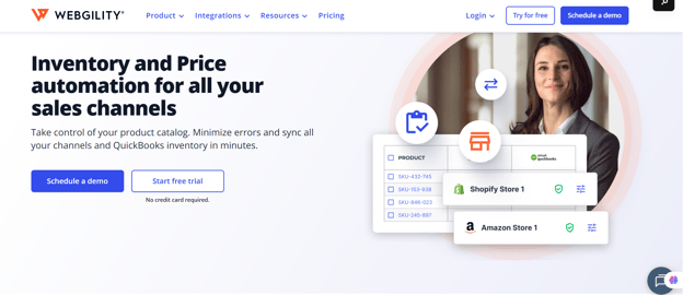 Webgility dashboard graphic showing inventory and price sync across Shopify, Amazon, and QuickBooks.