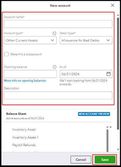 QuickBooks interface showing the Other Current Assets option