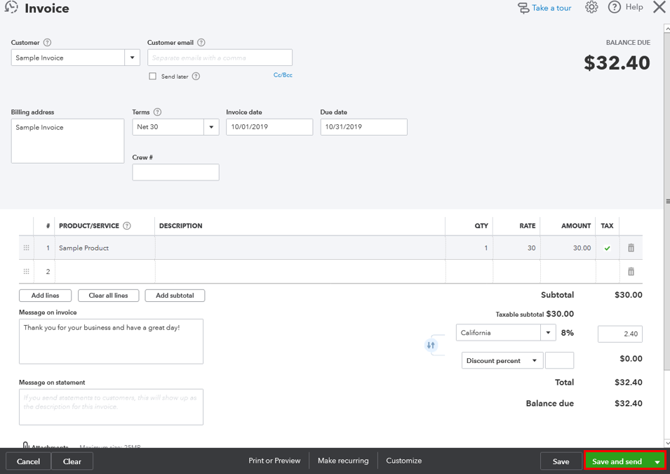 QuickBooks Online invoice screen with "Make recurring" and “Save and send” option