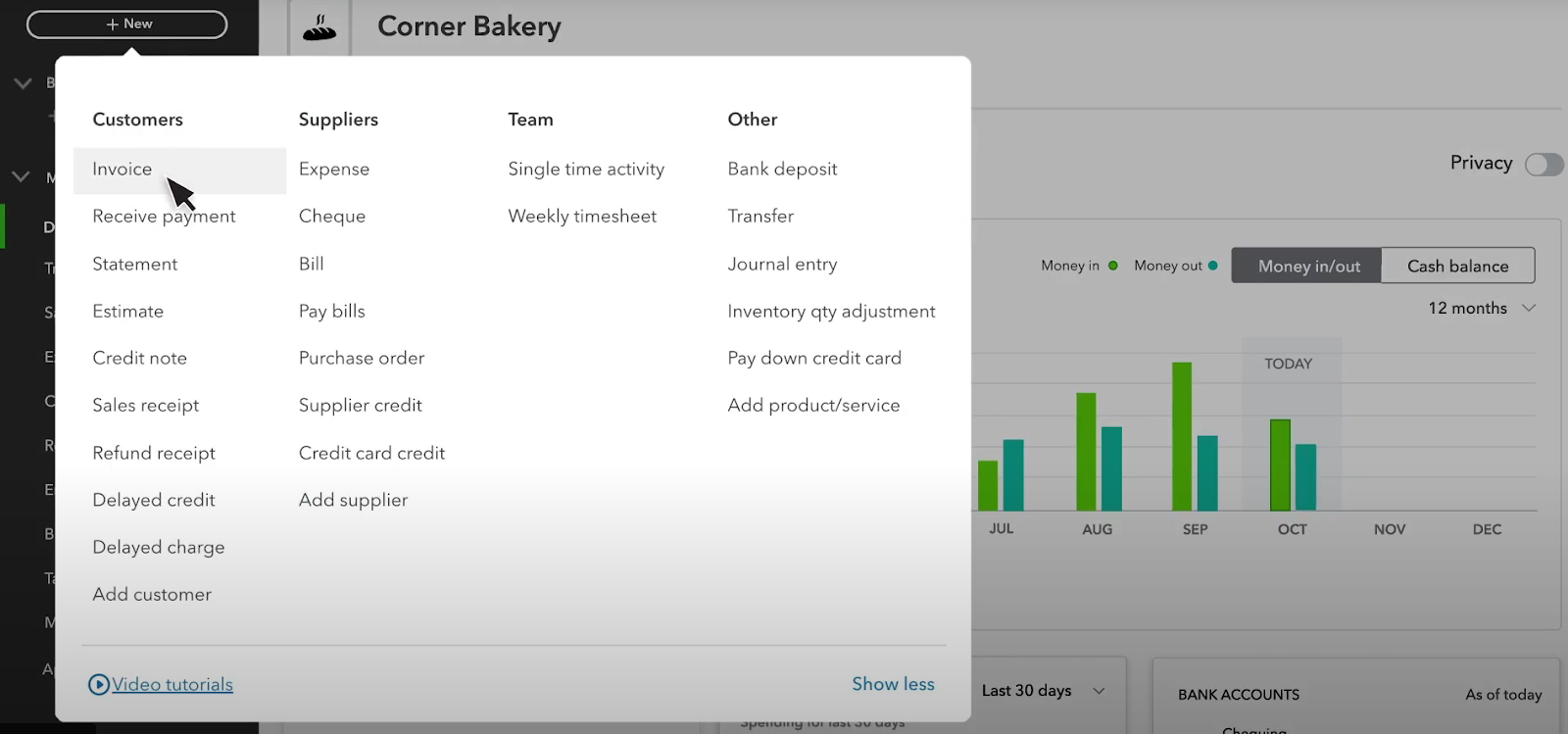 QuickBooks Online dashboard with Invoice selected