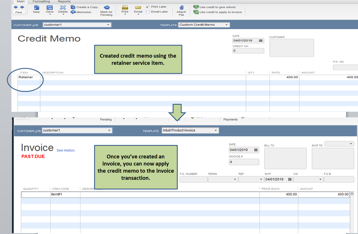Credit memo form in QuickBooks Online showing customer, date, and line items