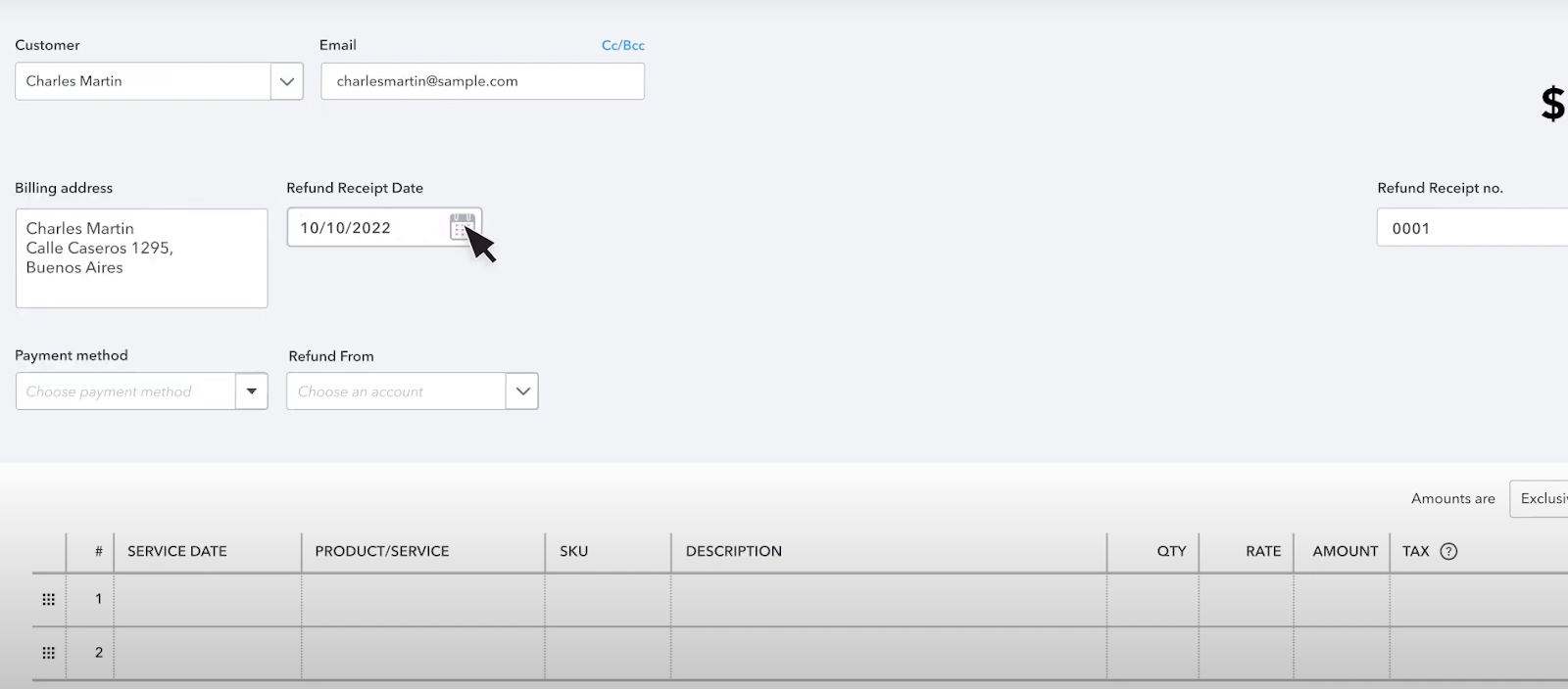 Refund receipt form in QuickBooks Online showing customer, payment method, and amount