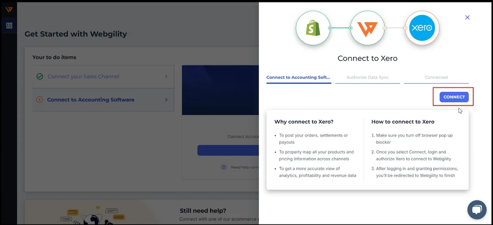 Screenshot of the Webgility setup screen showing the option to connect Xero accounting software