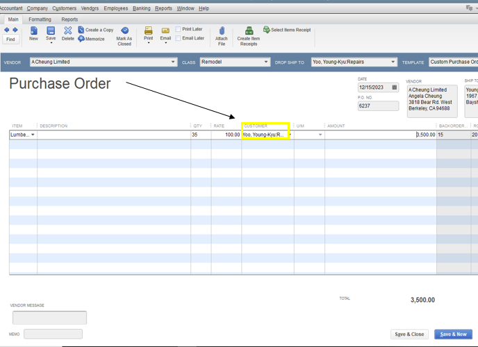 QuickBooks report showing open purchase orders by vendor and status