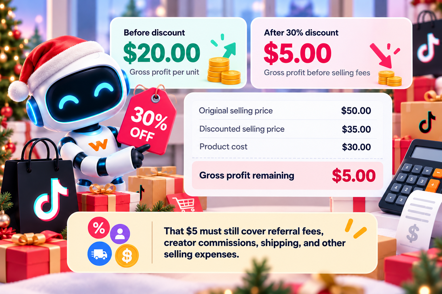 TikTok Shop Black Friday 30% discount example showing gross profit dropping from $20 to $5 on a $50 product