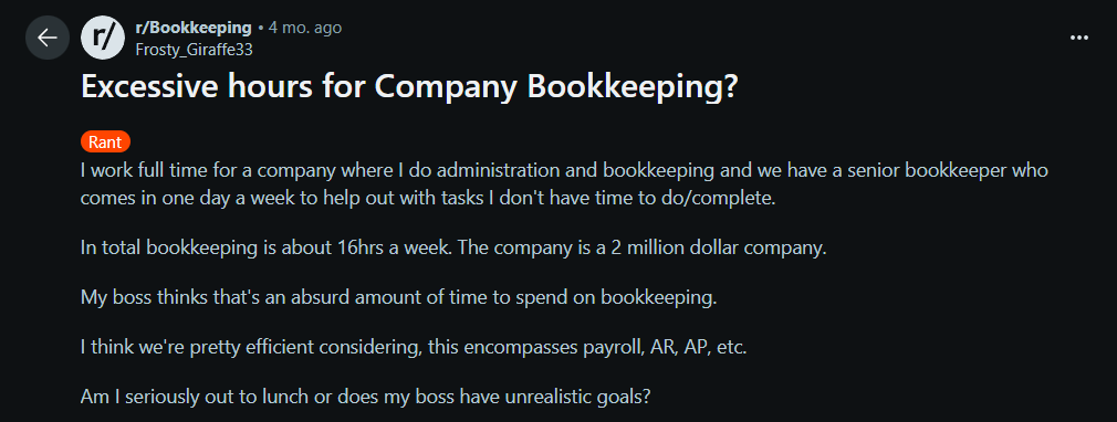 A Reddit post detailing an employee's dispute with their boss over the time spent on bookkeeping