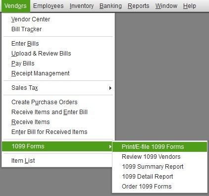 Screenshot showing 1099 Forms in QuickBooks
