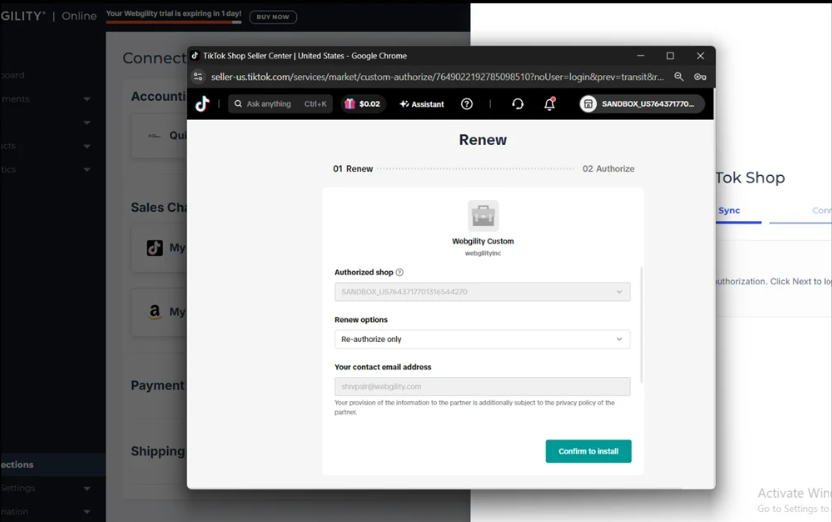 TikTok Shop Seller Center authorization window showing the selected shop and Webgility app installation.
