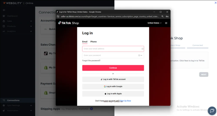 TikTok Shop login window opened from Webgility Online, showing options to sign in with email, phone, TikTok, Google, or Apple.