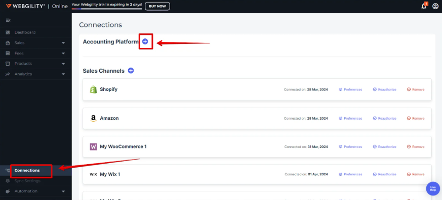 Webgility Online Connections page with the plus icon highlighted beside Accounting Platform.