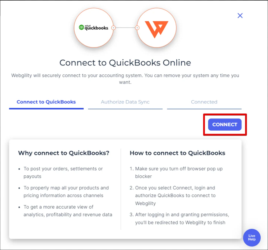 Webgility connection screen showing the Connect button for linking QuickBooks Online.