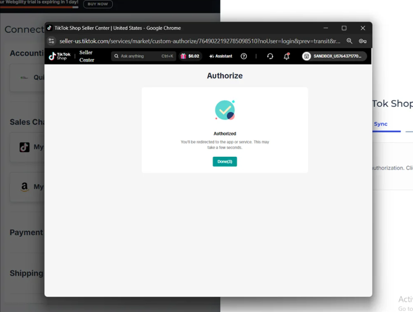 TikTok Shop Seller Center confirmation screen showing that Webgility has been authorized.