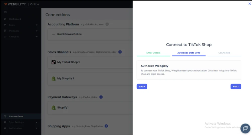 Webgility TikTok Shop setup screen prompting the user to authorize data syncing.