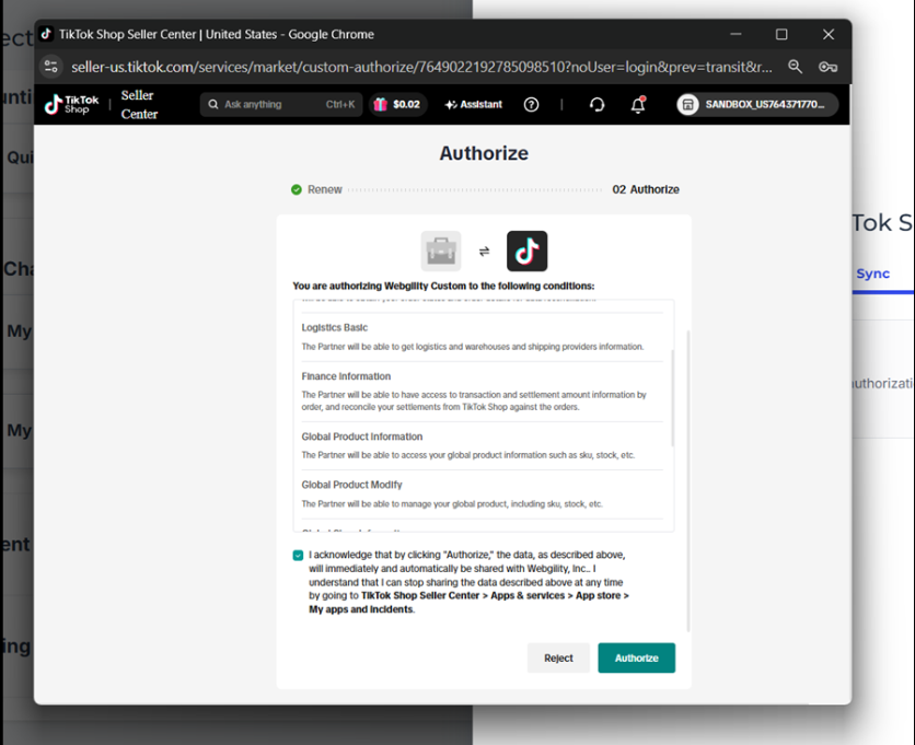 TikTok Shop Seller Center displaying data permissions requested by Webgility before authorization.