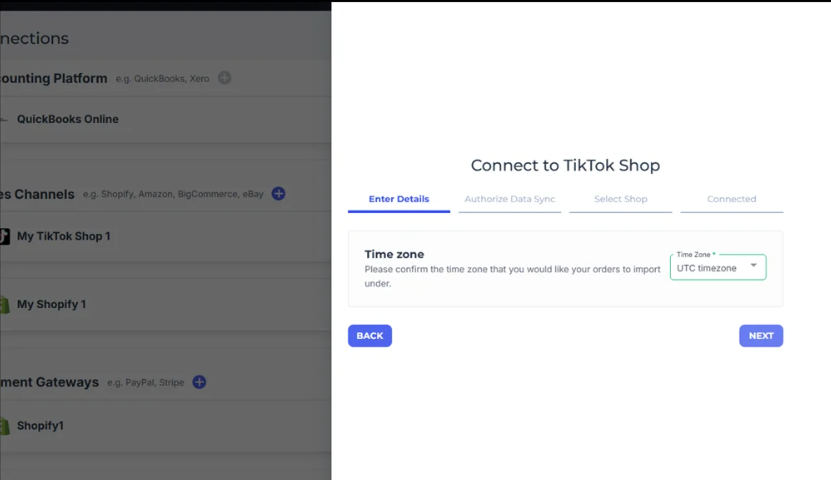 TikTok Shop connection setup in Webgility showing the order import time zone selection.