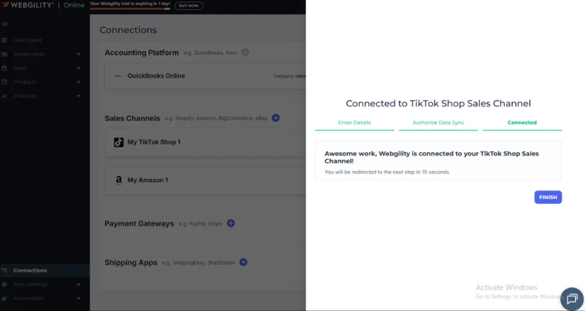 Webgility Online confirmation screen showing a successful TikTok Shop sales channel connection.
