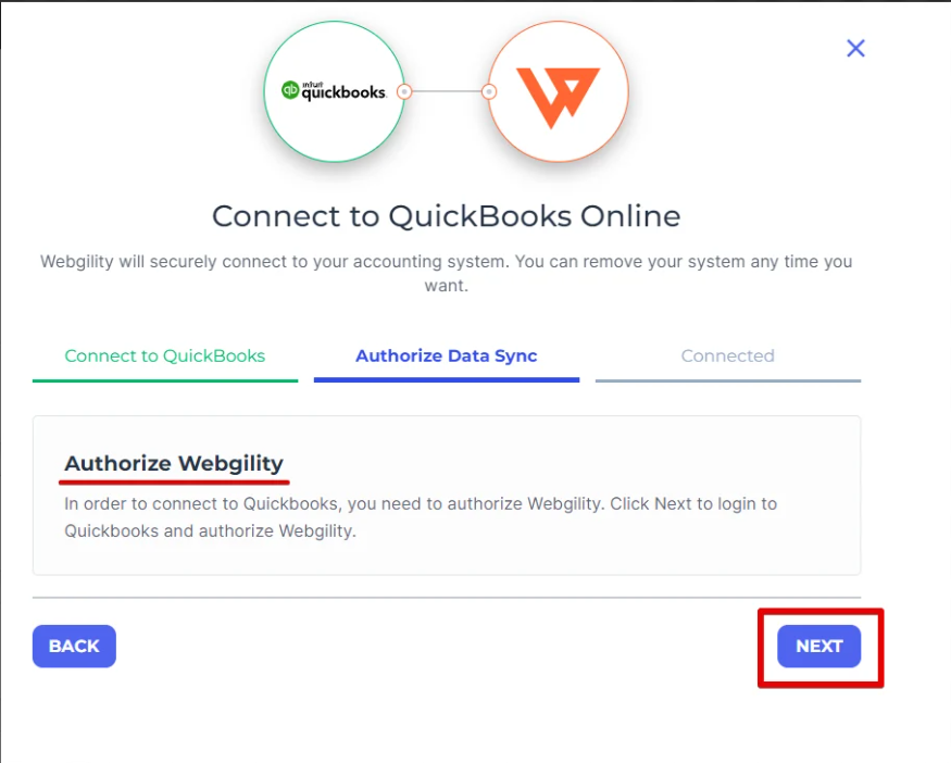 QuickBooks Online authorization step in Webgility with the Next button highlighted.