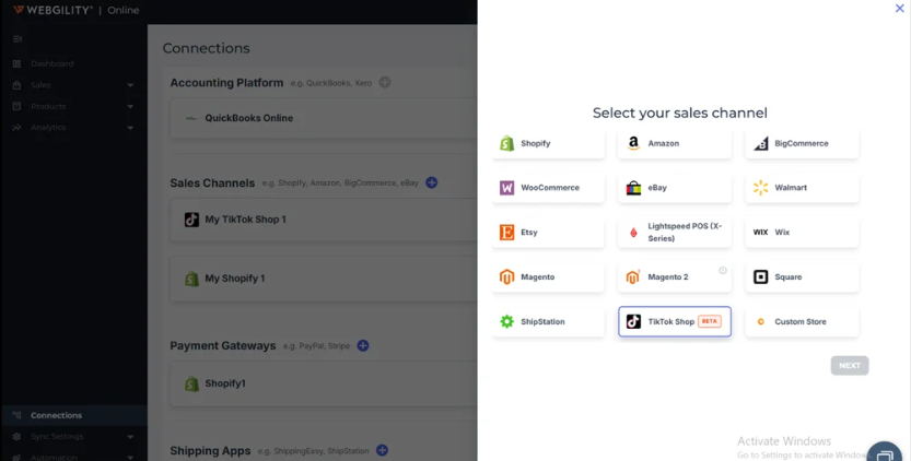 Webgility Online sales channel selection screen with TikTok Shop Beta highlighted.
