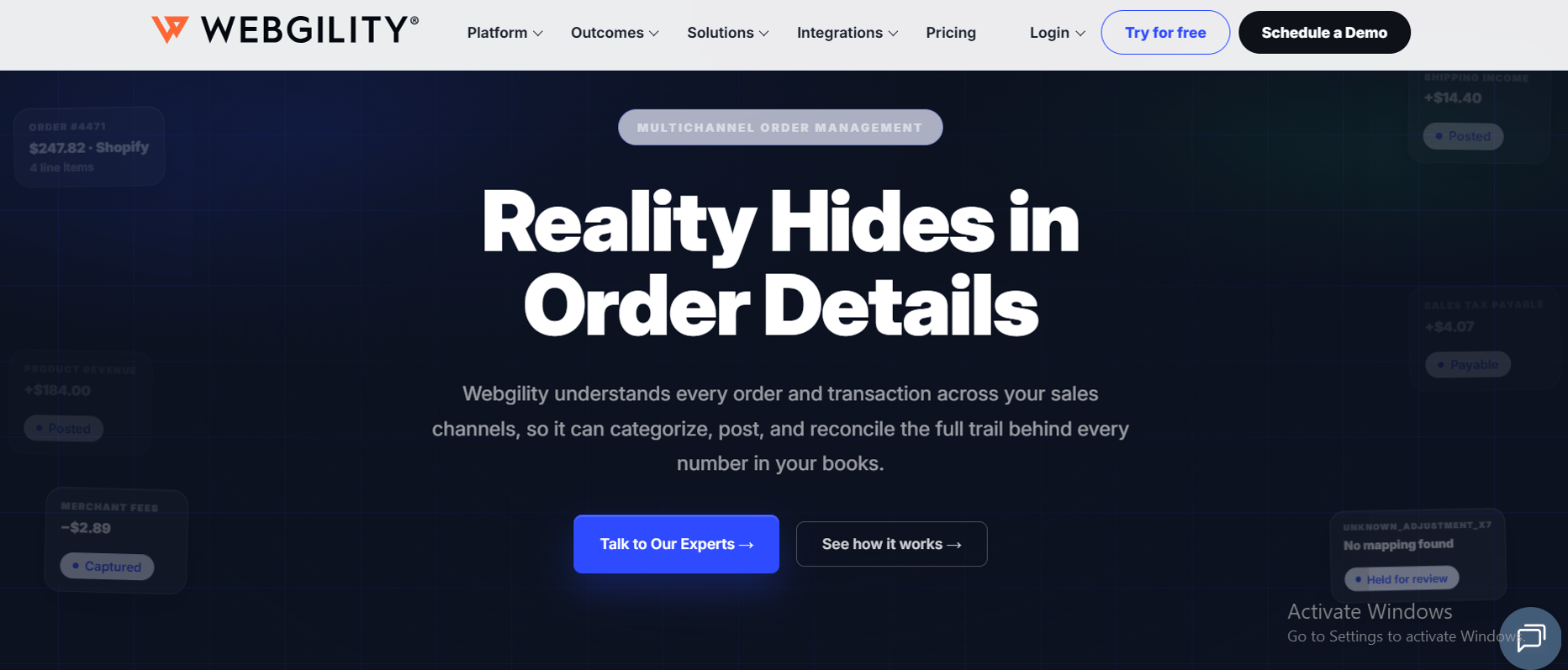 Webgility webpage showing “Reality Hides in Order Details” with ecommerce order, fee, tax, and transaction details around the page.