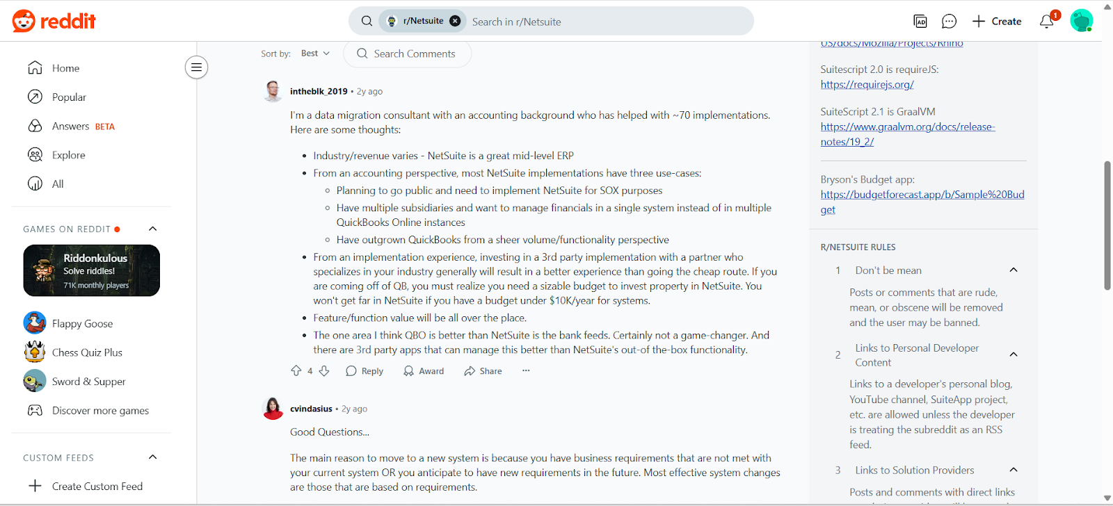 Reddit thread screenshot comparing QuickBooks Online versus NetSuite from a data migration expert perspective
