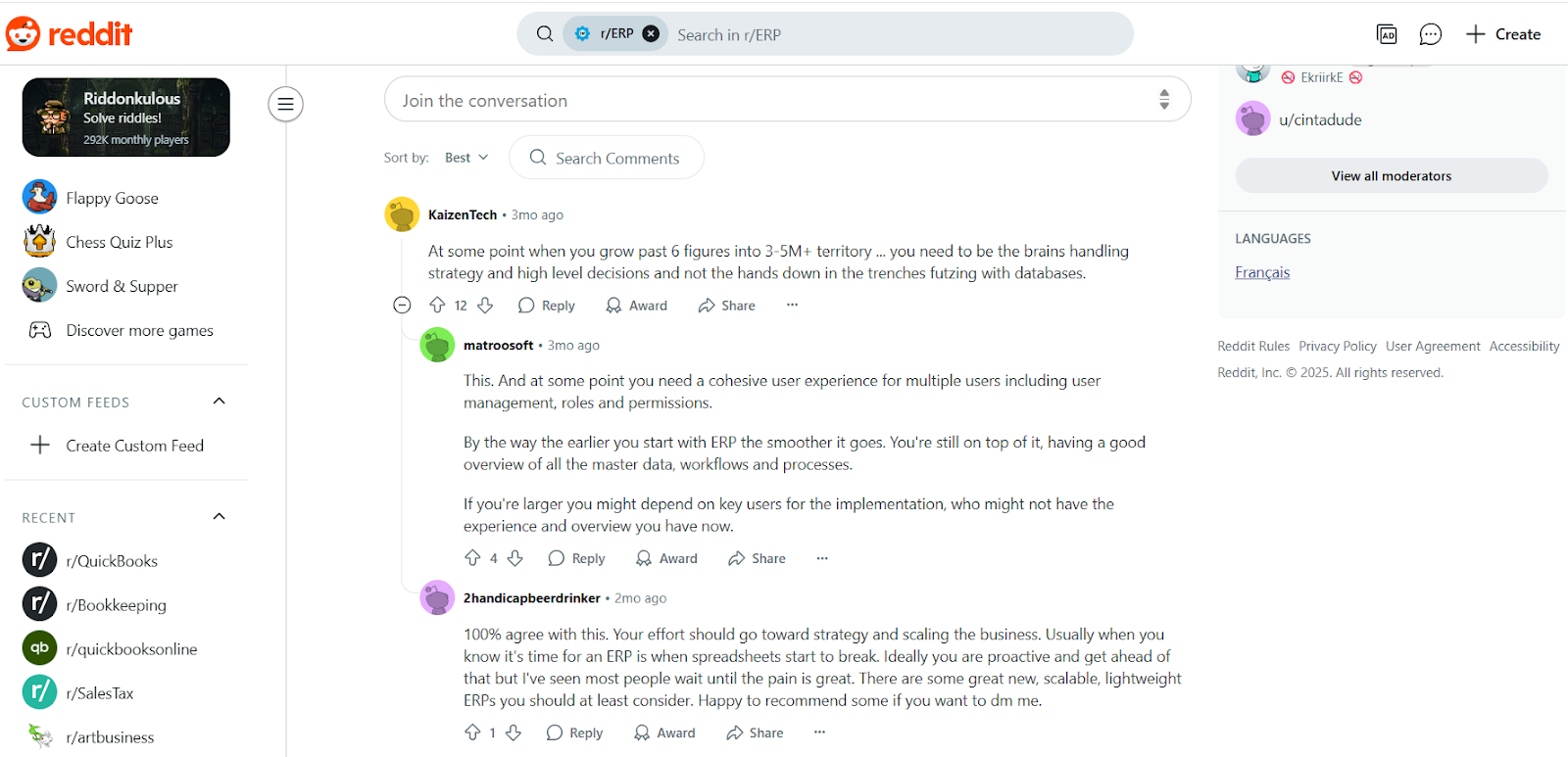 Screenshot of a Reddit comment discussing ERP system benefits, showing how automated processes help reduce manual tasks and improve business efficiency.