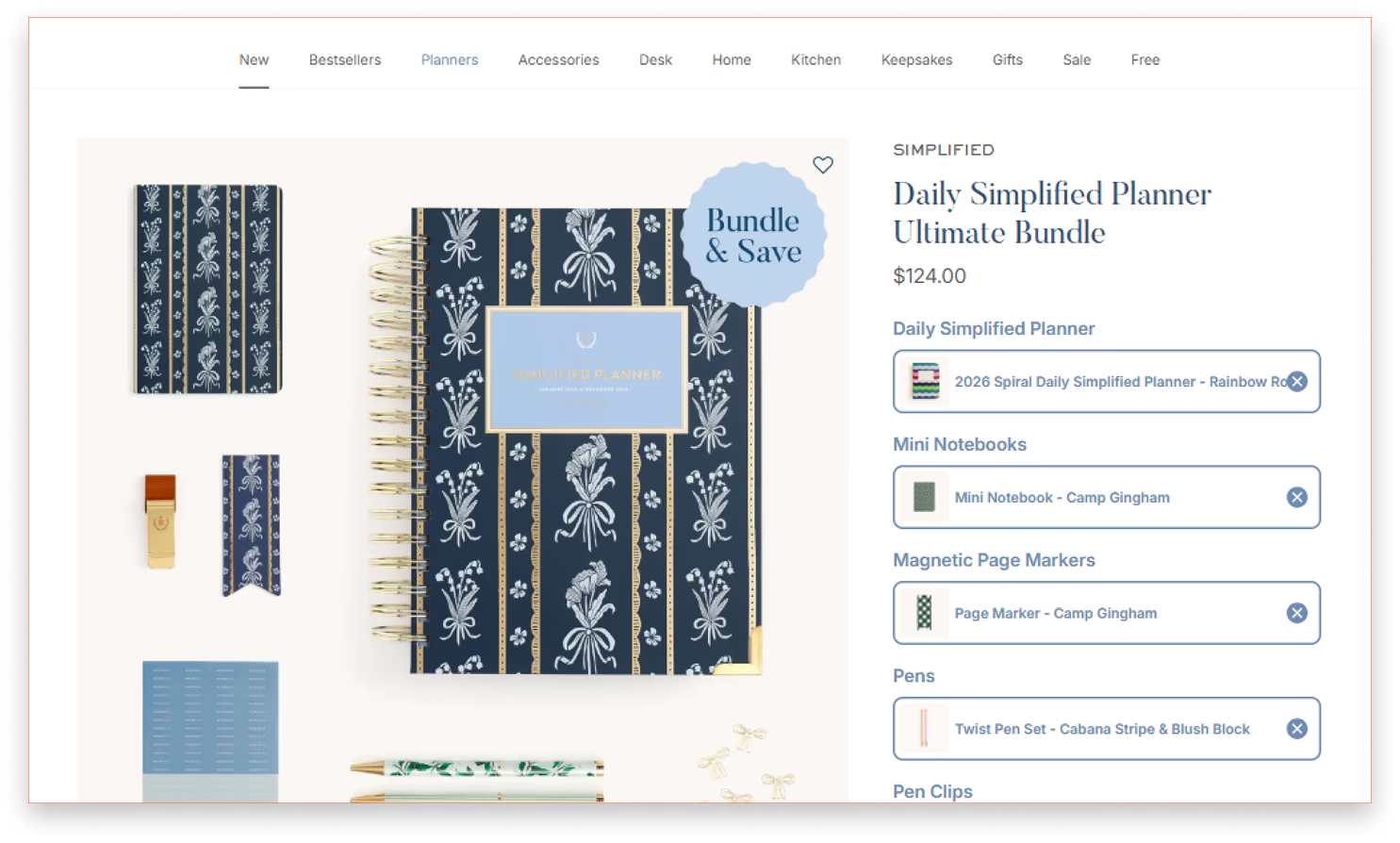 Screenshot of a "Daily Simplified Planner Ultimate Bundle" product page, showing the main planner and customizable add-on items like notebooks and pens.