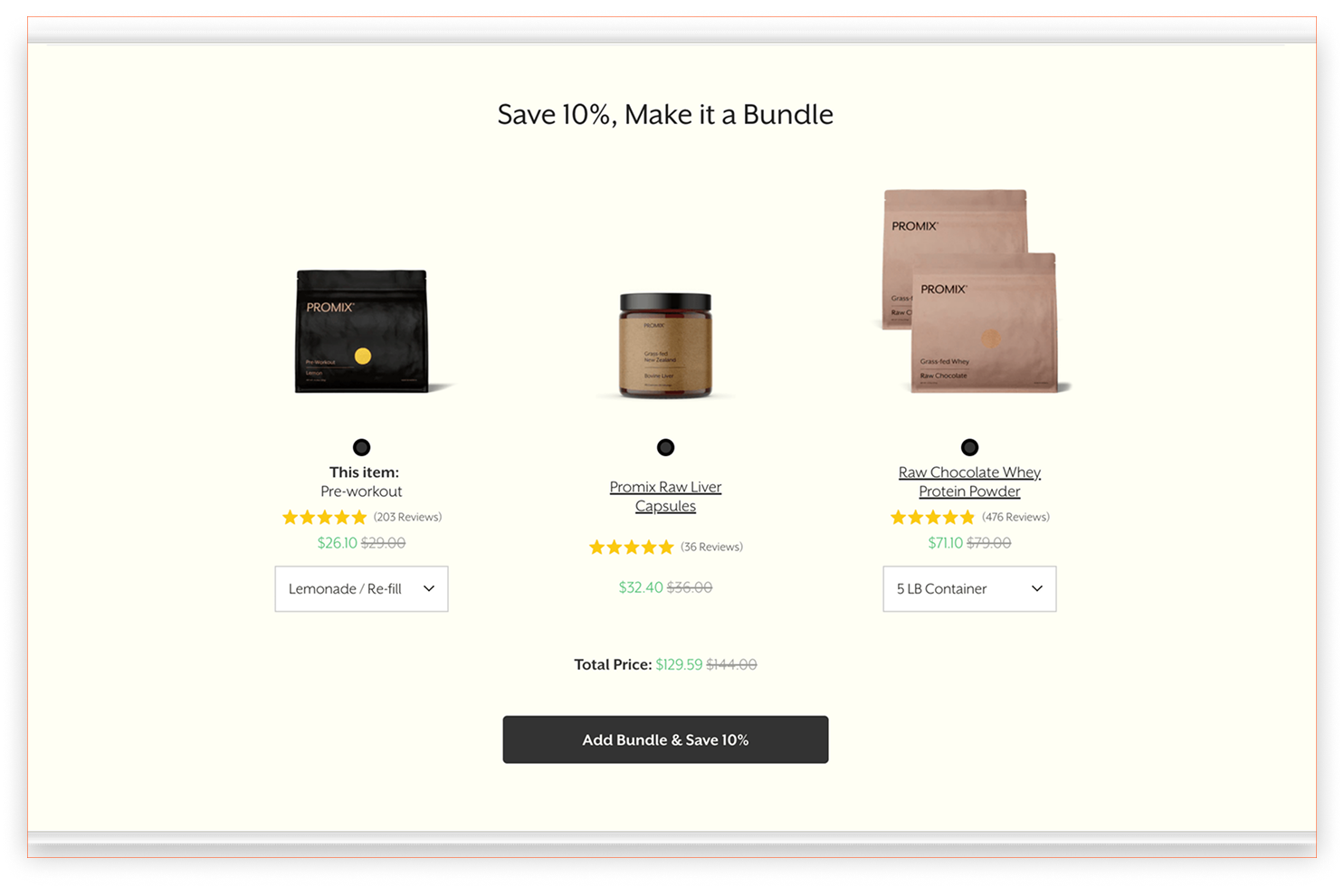 Screenshot of a Promix website page showing a "Save 10%, Make it a Bundle" offer with pre-workout, liver capsules, and whey protein.